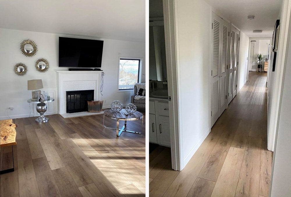 Side by side images of a living room and a hallway with COREtec Madrid Oak waterproof vinyl flooring, available at Standard Paint & Flooring.