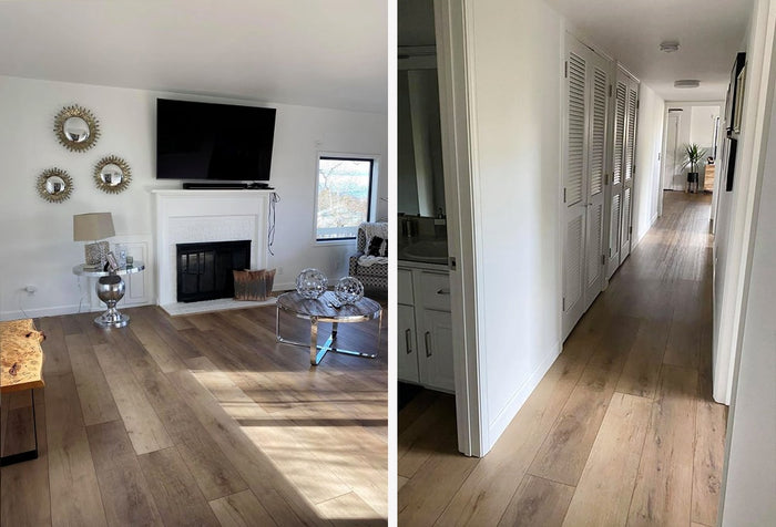 Side by side images of a living room and a hallway with COREtec Madrid Oak waterproof vinyl flooring, available at Standard Paint & Flooring.