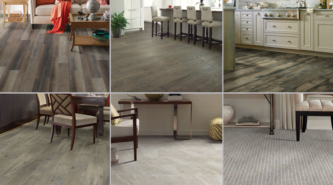Collage of six photos showcasing Shaw hardwood, laminate, vinyl, carpet and tile.