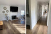 Side by side images of a living room and a hallway with COREtec Madrid Oak waterproof vinyl flooring, available at Standard Paint & Flooring.