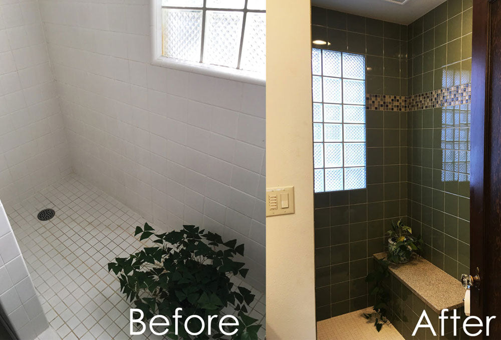 Before and after of a bathroom renovation, before photo showing the inside of a shower with white walls and floor tile, next to the after photo showing the inside of a renovated shower with dark green tile. 