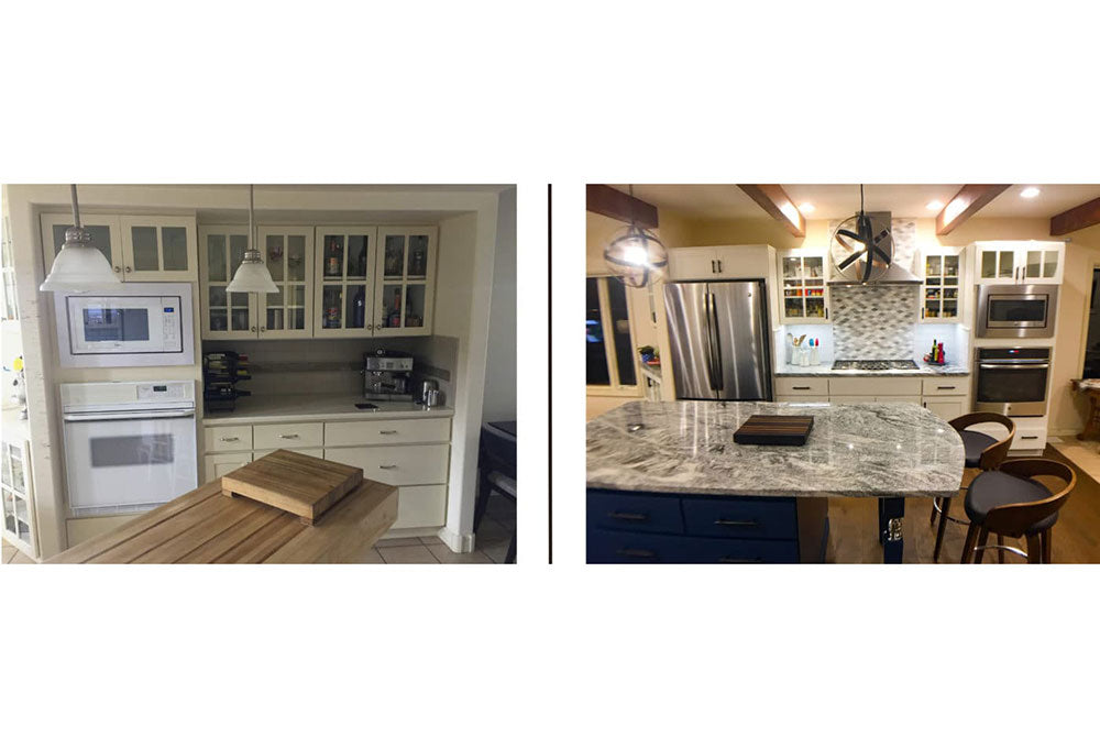 Before and after of a kitchen renovation, before with white cabinets and a wood top island, and after with white cabinets, a stainless steel fridge and stove and marble top island.