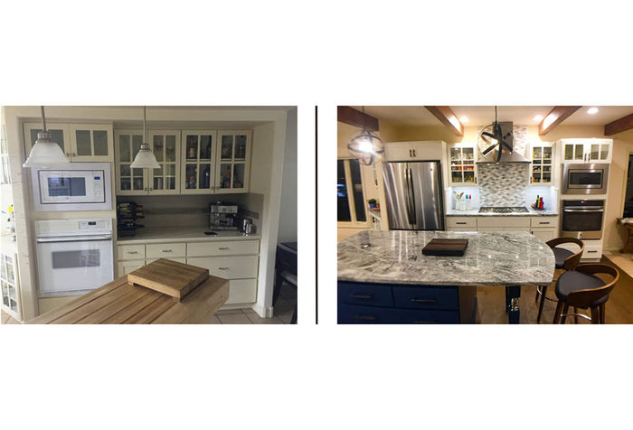 Before and after of a kitchen renovation, before with white cabinets and a wood top island, and after with white cabinets, a stainless steel fridge and stove and marble top island.
