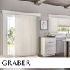Modern gray Graber vertical blinds in a gray kitchen and main living space.