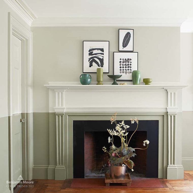 Benjamin Moore Morning Dew & October Mist on a Fireplace in a living space.