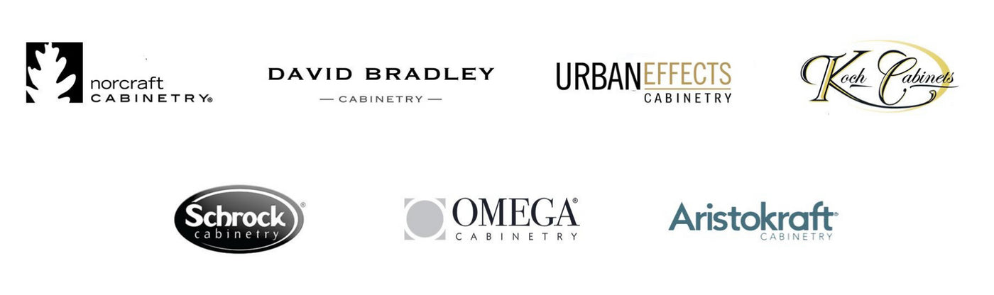 Logos for Norcraft Cabinetry, David Bradley, Urban Effects, Koch Cabinets, Schrock, Omega, and Aristokraft, all cabinetry companies that Standard Paint and Flooring carry.
