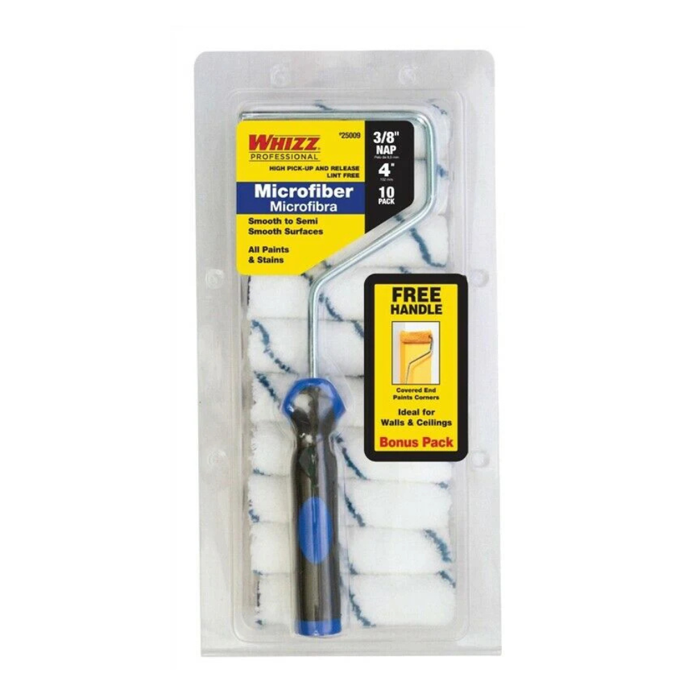 Whizz 4 inch with 3/8 Nap Microfiber Mini-Roller Cover & Frame 10-Pack