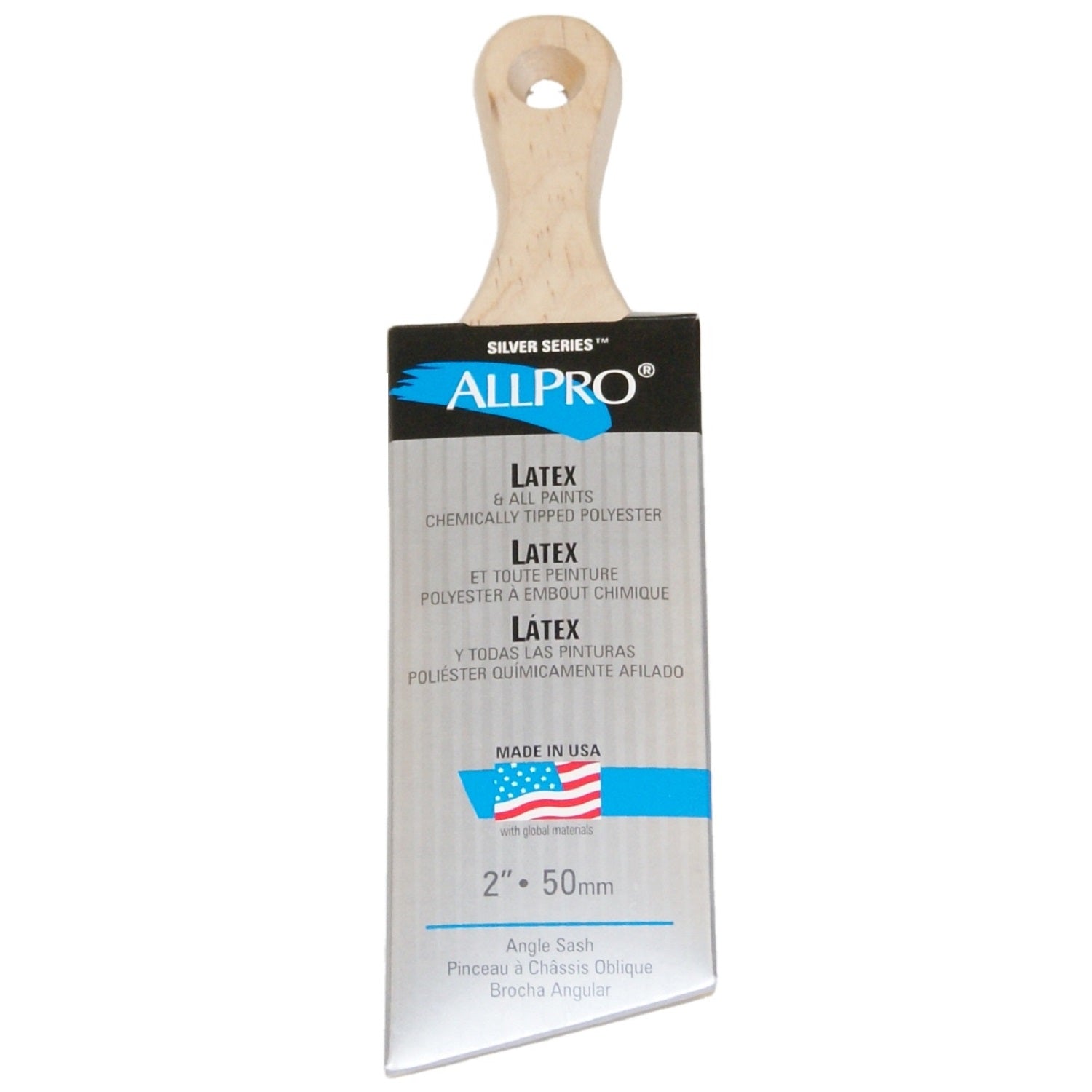 ALLPRO silver angle sash 2" paint brush, available at Standard Paint & Flooring.