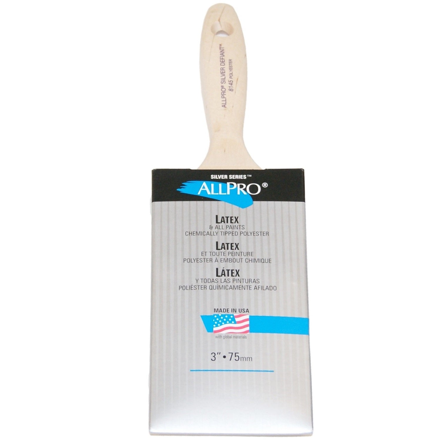 ALLPRO silver defiant 3" paint brush, available at Standard Paint & Flooring.