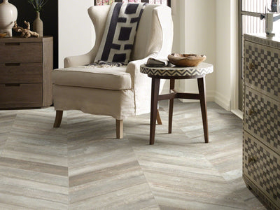 Room Image of Shaw Floors Glee Chevron Style Ceramic Solutions flooring in the color Yadkin River Hickory available at Standard Paint and Flooring.