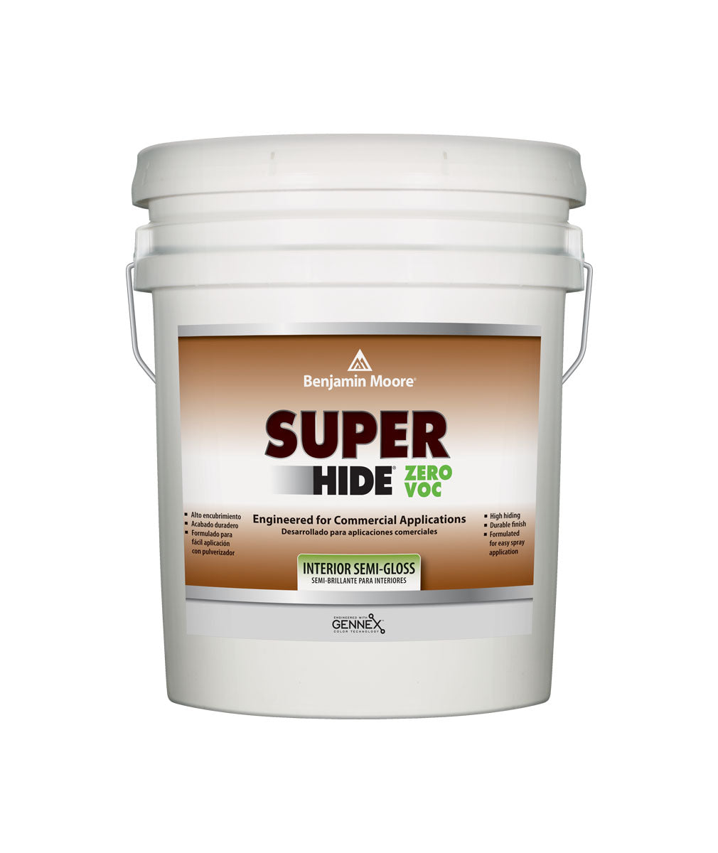 Benjamin Moore Super Hide Zero VOC Semi-Gloss Interior Paint in a 5 Gallon Pail, available at Standard Paint & Flooring.